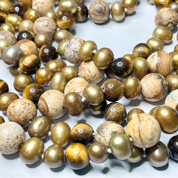 Pearl + Tiger Eye + Jasper Long Bead Necklace - Picture 3 of 6